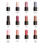 Set of 12 lip glosses with different colors and names on a white background