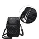 Black crossbody bag with quilted design and earphone pocket on a white background