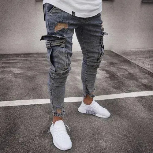 Cargo Hole Denim Jeans Men pant slim fitted