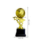 Gold soccer ball trophy on a star-shaped base with a black rectangular pedestal, shown with dimension lines and measurements on a white background.