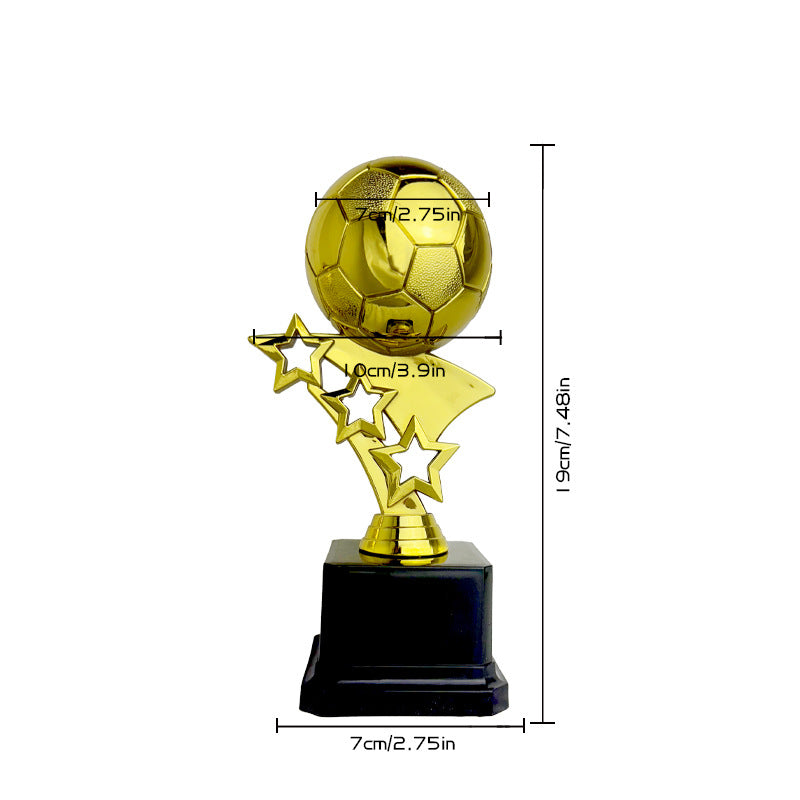 Gold soccer ball trophy on a star-shaped base with a black rectangular pedestal, shown with dimension lines and measurements on a white background.