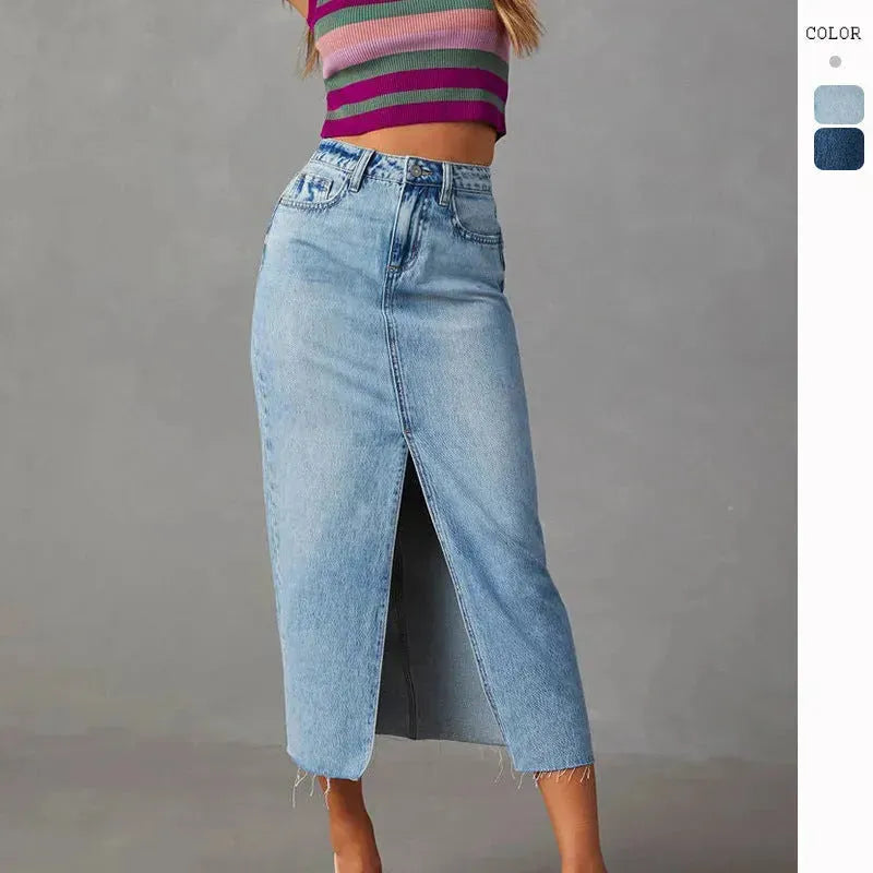 Women's Fashion Slimming front split Midi Denim Skirt - EX-STOCK CANADA