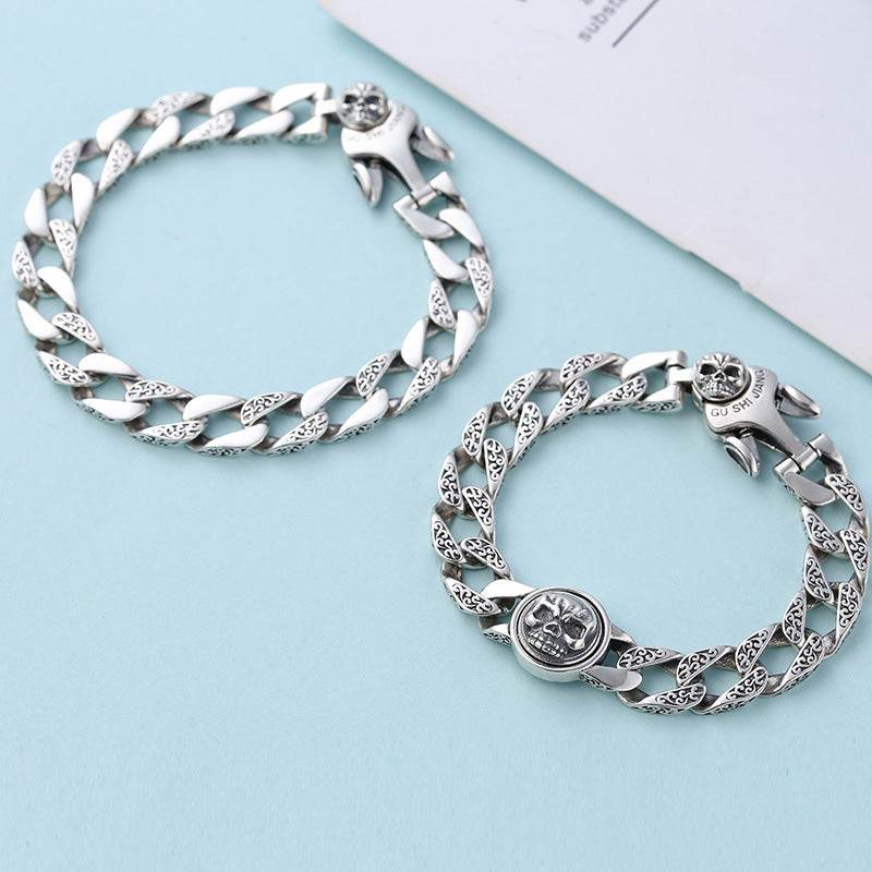 Sterling Silver Ornament Men's Trendy Rotating Skull Retro Fashion Tang Grass Pattern Bracelet EX-STOCK Canada 