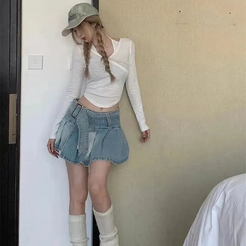 High Waist Slimming Denim Pleated Mini Skirt - EX-STOCK CANADA