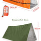 Two emergency tents shown with dimensions: an orange waterproof tent at the top and an olive green tent at the bottom, each with a small matching carry bag and red measurement lines labeling 90cm, 150cm, and 240cm.
