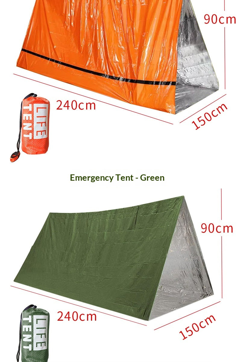 Two emergency tents shown with dimensions: an orange waterproof tent at the top and an olive green tent at the bottom, each with a small matching carry bag and red measurement lines labeling 90cm, 150cm, and 240cm.