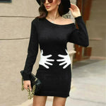 Ins Palm Print Design Winter Knit Dress Fashion Slant Shoulder Long Sleeve Bodycon Dress Women's Clothing