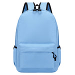 Light blue backpack with black zippers on a white background