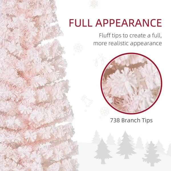 7.5ft Flocked Christmas Tree, Pencil Christmas Tree With Realistic Branch Tips, Folding Metal Stand EX-STOCK Canada 