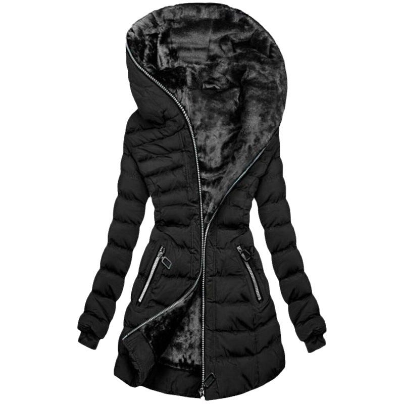 Hooded Warm Fleece Padded Jacket Mid-length Jacket Black Padded Jacket EX-STOCK