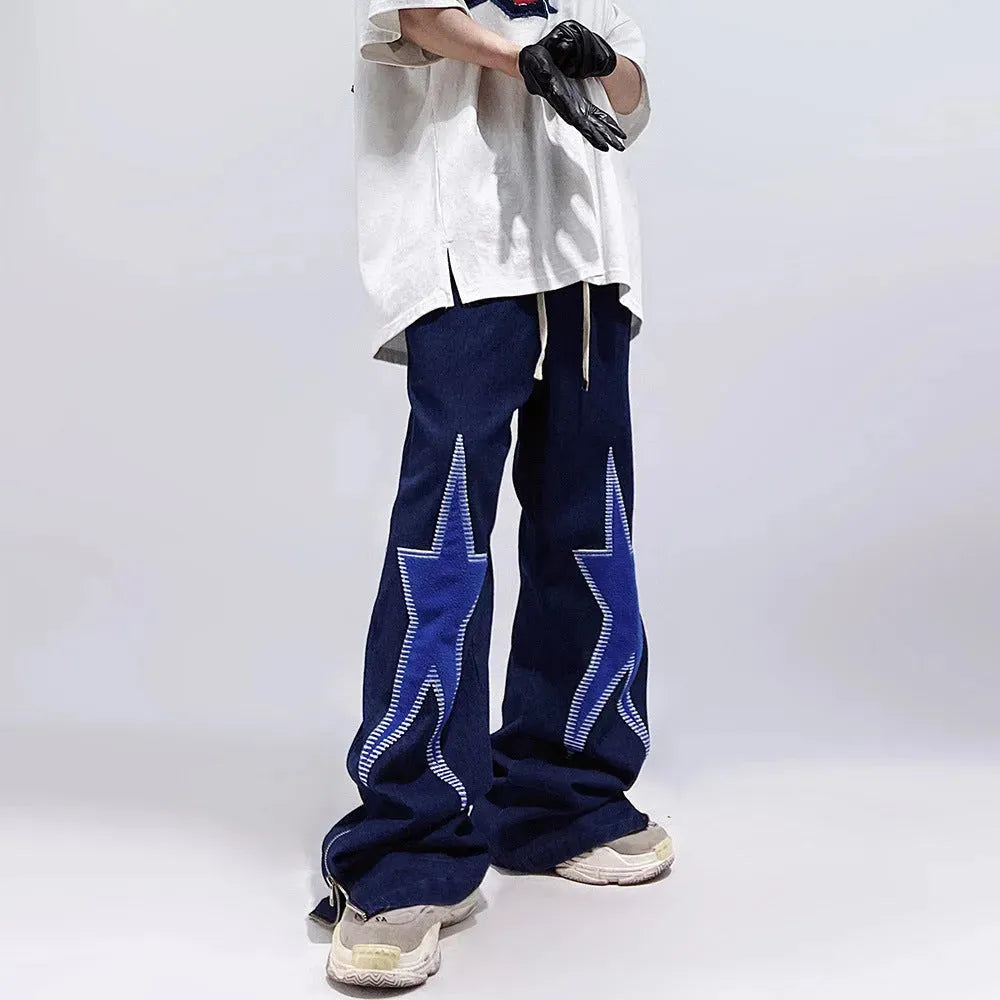 Five-pointed Star Embroidery Denim Horn Loose Straight Casual All-match Mop Jeans Baggy Trousers Men - EX-STOCK CANADA