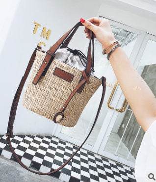 new summer women's bag hand-woven contrast color bucket straw bag cylinder handbag diagonal shoulder beach bag EX-STOCK Canada 