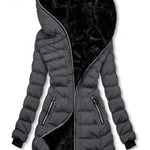 Gray puffer coat with black interior on a white background