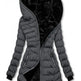 Gray puffer coat with black interior on a white background