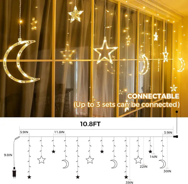 Ramadan Solar Icicle Lights,Outdoor Waterproof Moons Stars Curtain Window String With 8 Modes Timer Remote,USB Rechargeable Connectable Warm White Hanging Decor For Patio EX-STOCK Canada 