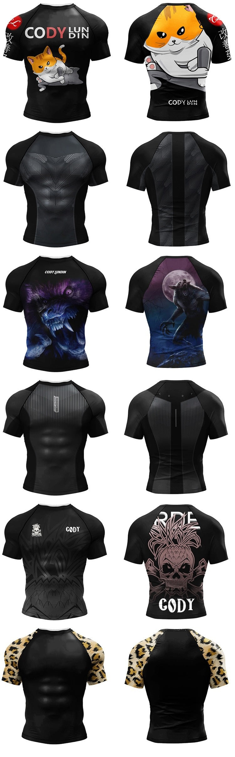 A grid of short-sleeve athletic compression shirts shown from the front and back, featuring various black designs including muscular torso graphics, cartoon cat prints, skull artwork, and leopard-print shoulder panels.