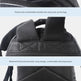 Black backpack with text on comfort features and design details.