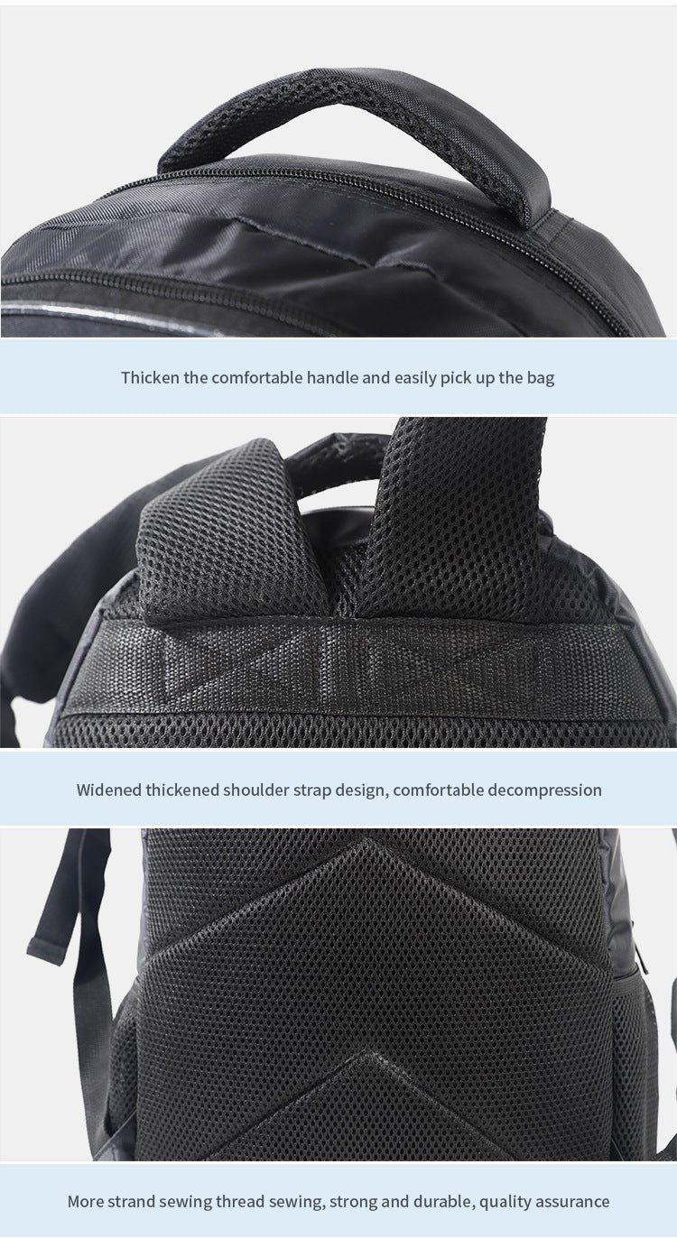 Black backpack with text on comfort features and design details.