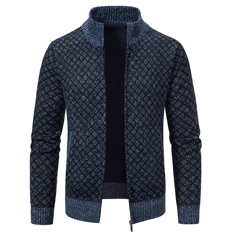 Thickened Plaid Print Jacket Cardigan Fashion Slim Fit Zipper Stand Collar Sweater Winter Men's Casual Long Sleeve Knitted Top Clothing EX-STOCK Canada 