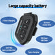 A black Motorola Smart Helmet intercom device shown on a light blue graphic background with text callouts about battery capacity, charging, music time, talk time, OVP Mti layer protection, and type-charging.