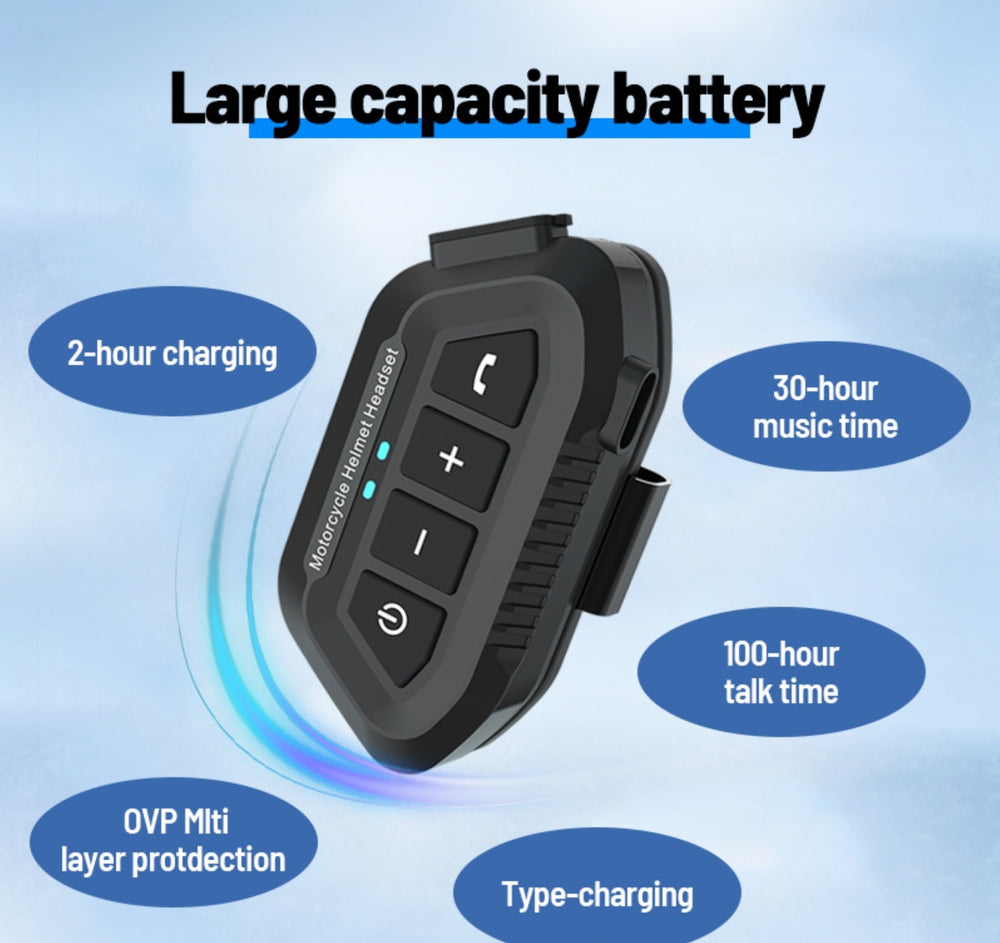 A black Motorola Smart Helmet intercom device shown on a light blue graphic background with text callouts about battery capacity, charging, music time, talk time, OVP Mti layer protection, and type-charging.