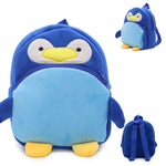 Blue penguin-shaped backpack with yellow feet and beak on a white background