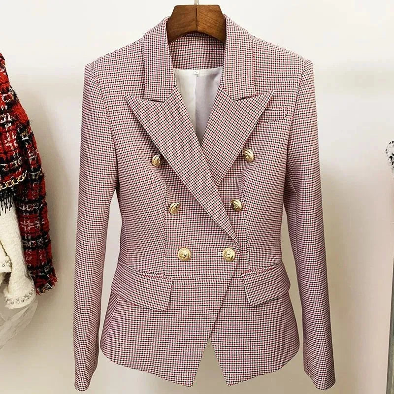Houndstooth Small Jacket Women Long-Sleeved Double-Breasted Plaid Blazer - EX-STOCK CANADA