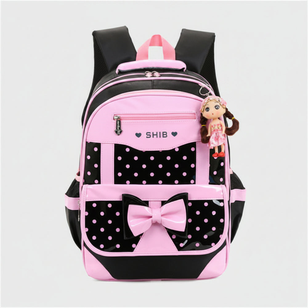 Pink and black backpack with a bow and polka dot pattern on a white background