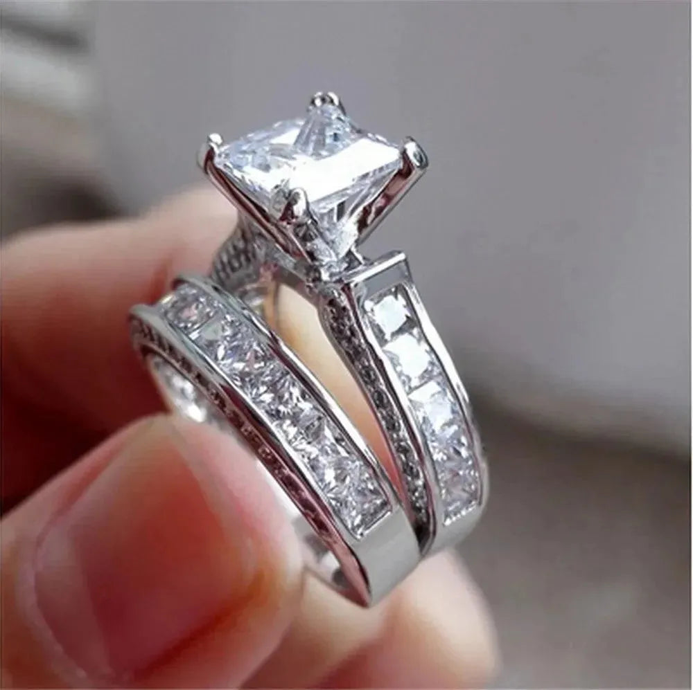 New Style Charm Couple Rings His Her Silver Color Princess Cut CZ Anniversary Promise Wedding Engagement Ring Sets - EX-STOCK CANADA