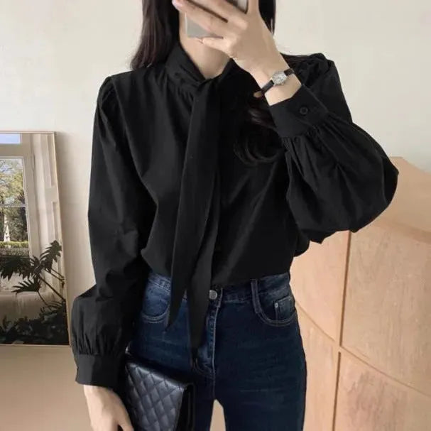 Spring New Gentle Lace-up Bow Tie Design Puff Sleeve Solid Color Shirt For Women - EX-STOCK CANADA