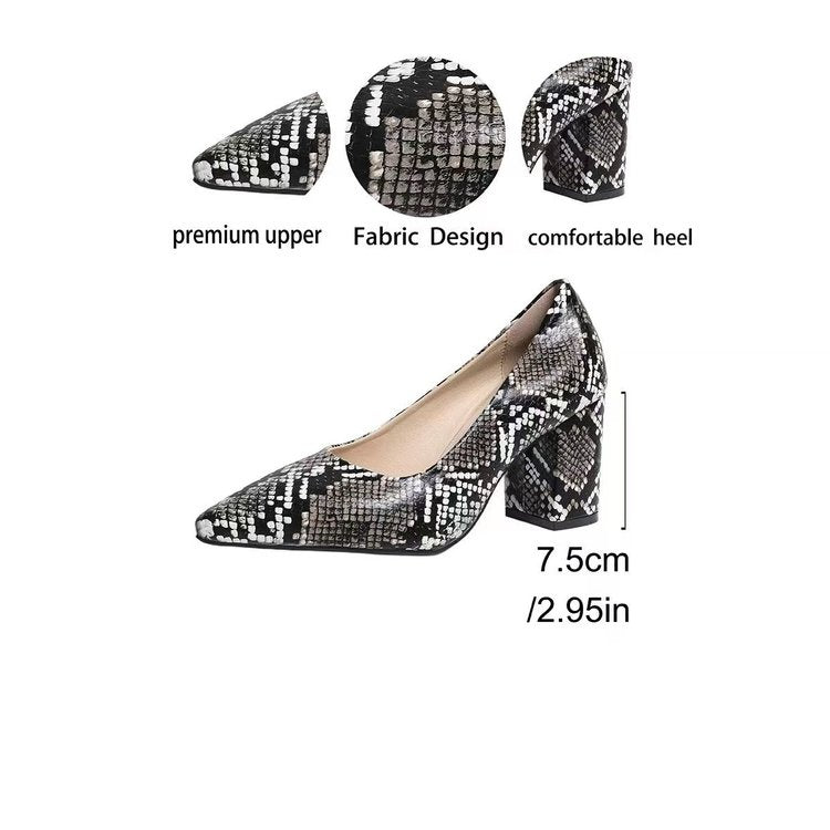 Women's Snake Print Pointed Toe Block Heel Pumps 2026 Spring Summer Elegant High Heels Versatile Office Party Shoes 
