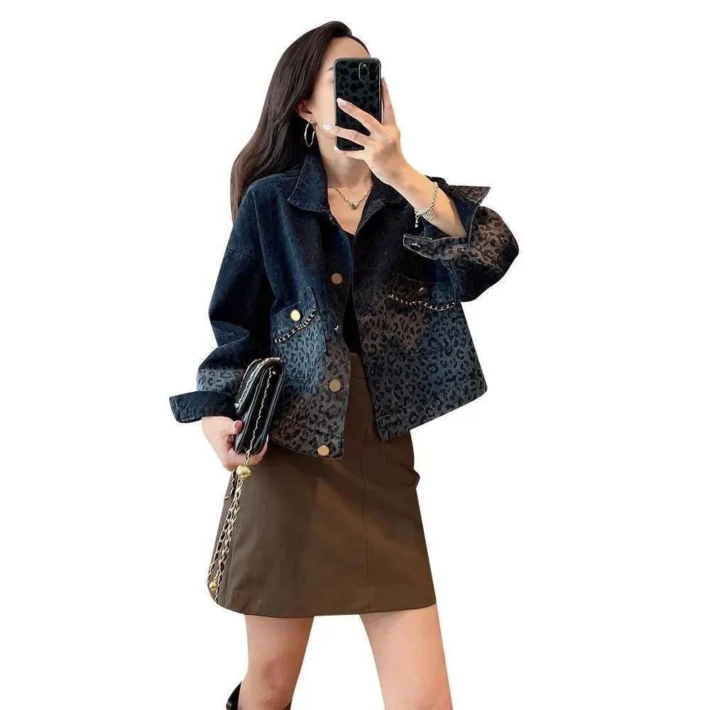 Black Retro Leopard Print Denim Jacket For Women