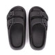 Black sandals with multiple straps on a white background