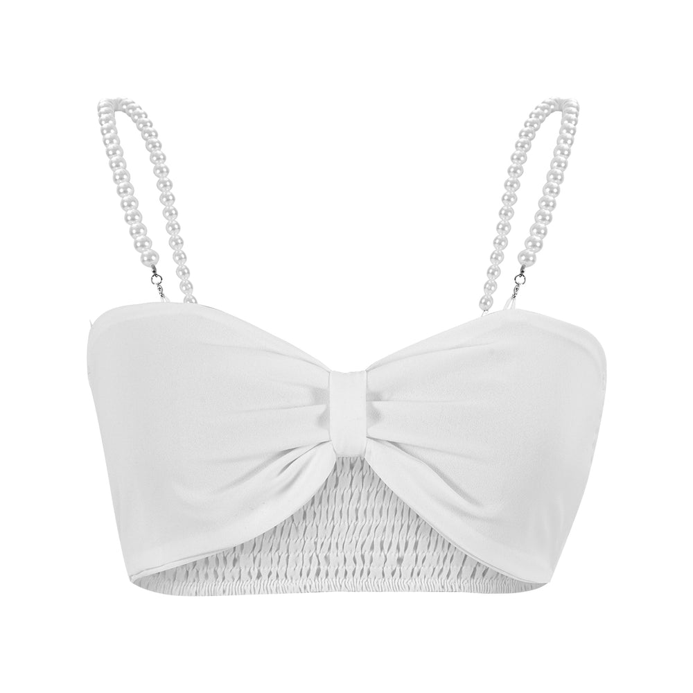 White bandeau top with chain straps on a white background