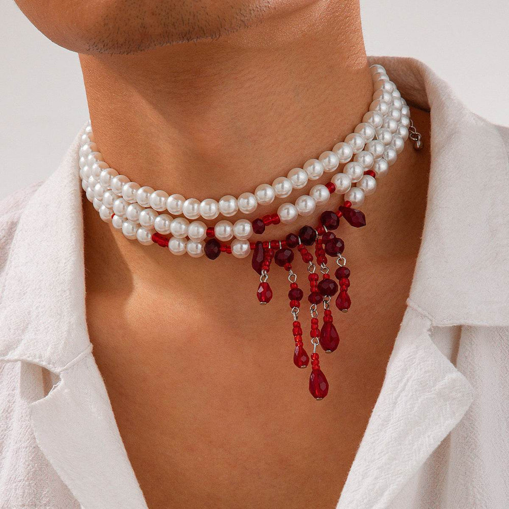 Halloween Blood Drop Tassel Pearl Crystal Necklace - EX-STOCK Canada