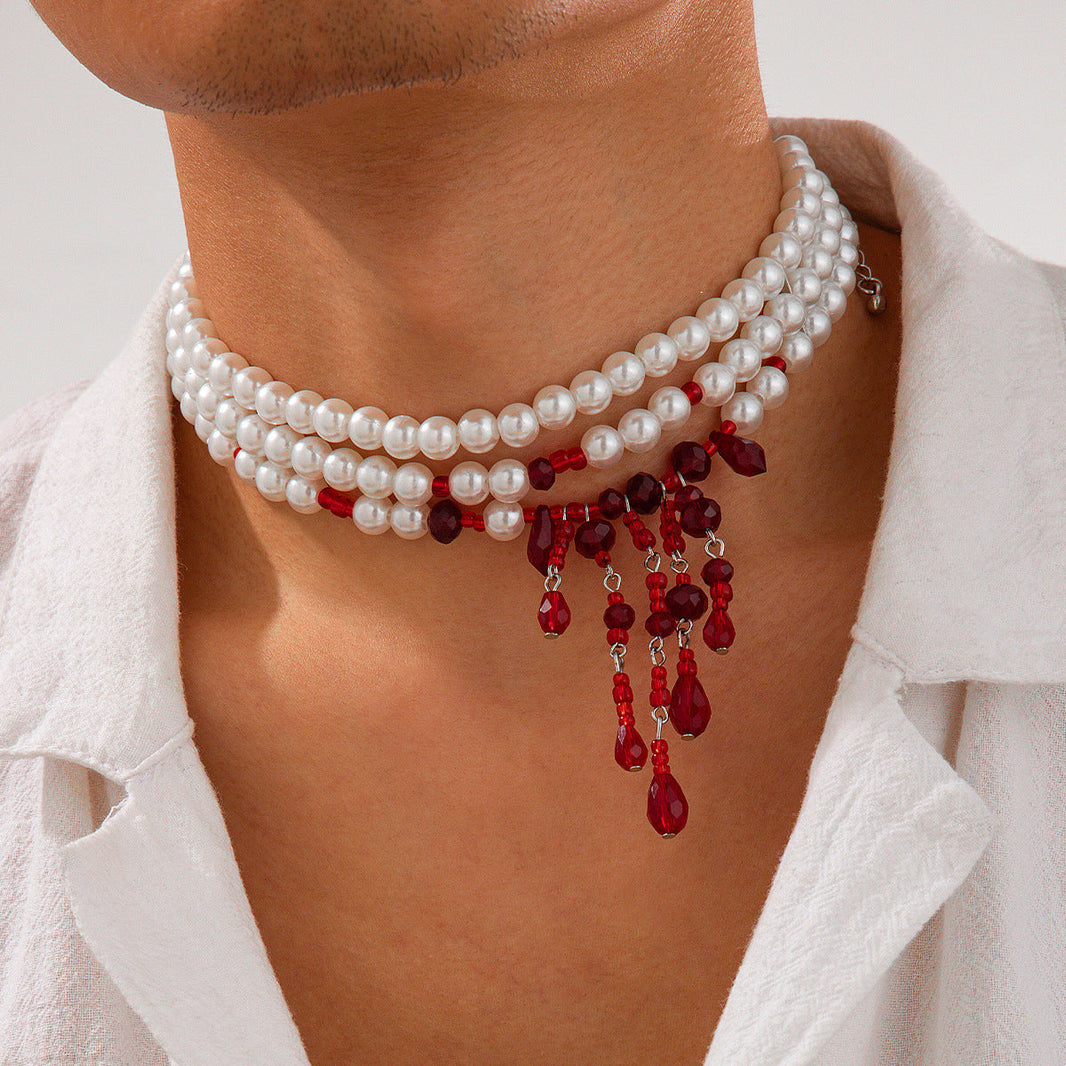 Halloween Blood Drop Tassel Pearl Crystal Necklace EX-STOCK