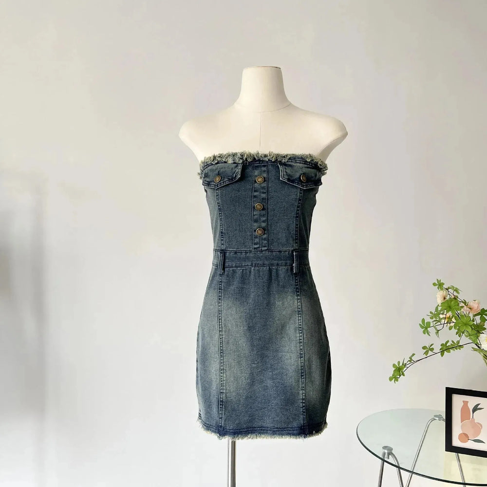 Design Waist-tight Tube Top Raw Edge Denim jeans mini club Dress - EX-STOCK CANADA
