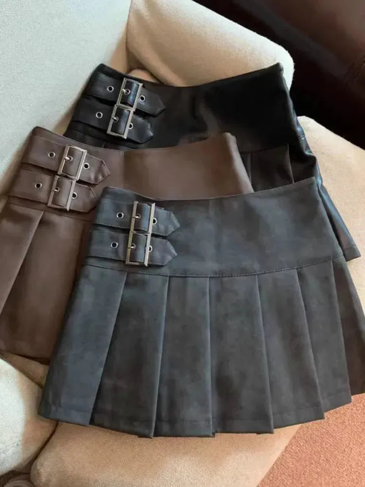 Women's American-style Vintage Mini  Pleated Leather Skirt - EX-STOCK CANADA
