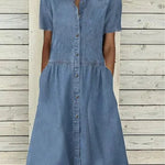 Women's European And American Lapel Casual loose button down Midi Denim jeans Mum Dress - EX-STOCK CANADA