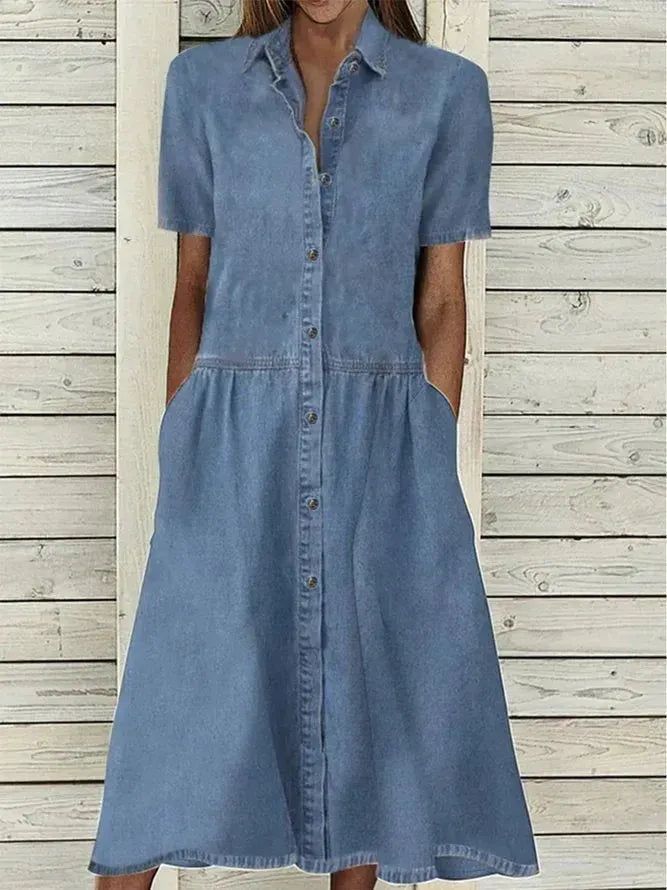 Women's European And American Lapel Casual loose button down Midi Denim jeans Mum Dress - EX-STOCK CANADA