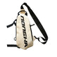 Beige sling bag with black strap and visible branding on a white background