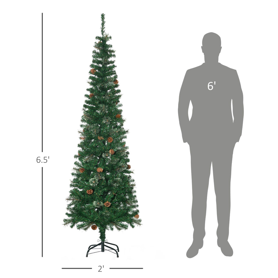 6.5ft Pencil Christmas Tree, Artificial Christmas With Pine Needles, Realistic Branches, Pine Cones, Metal Base, Green EX-STOCK Canada 
