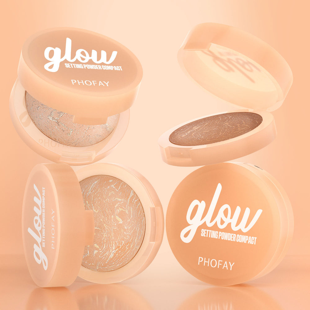 PHOFAY glow setting powder compact on a peach background