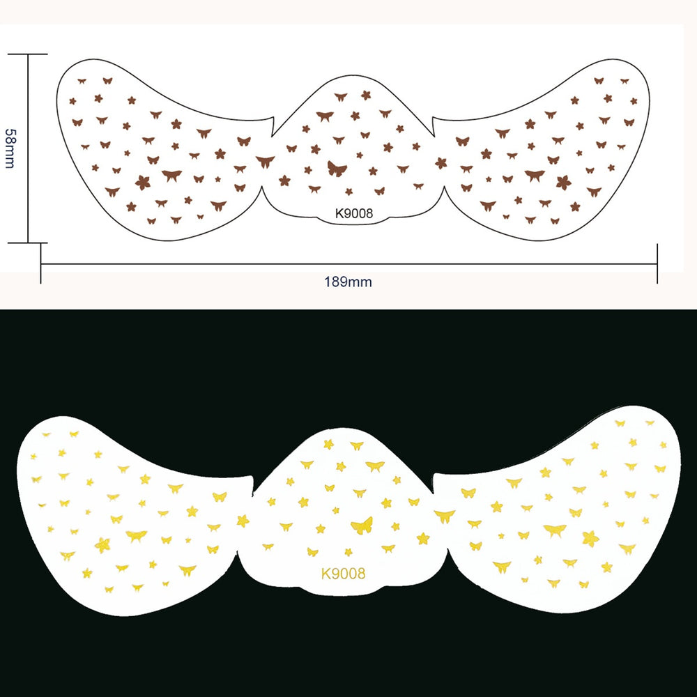 Two mustache-shaped stencils with butterfly patterns, one on a white background and the other on a black background.