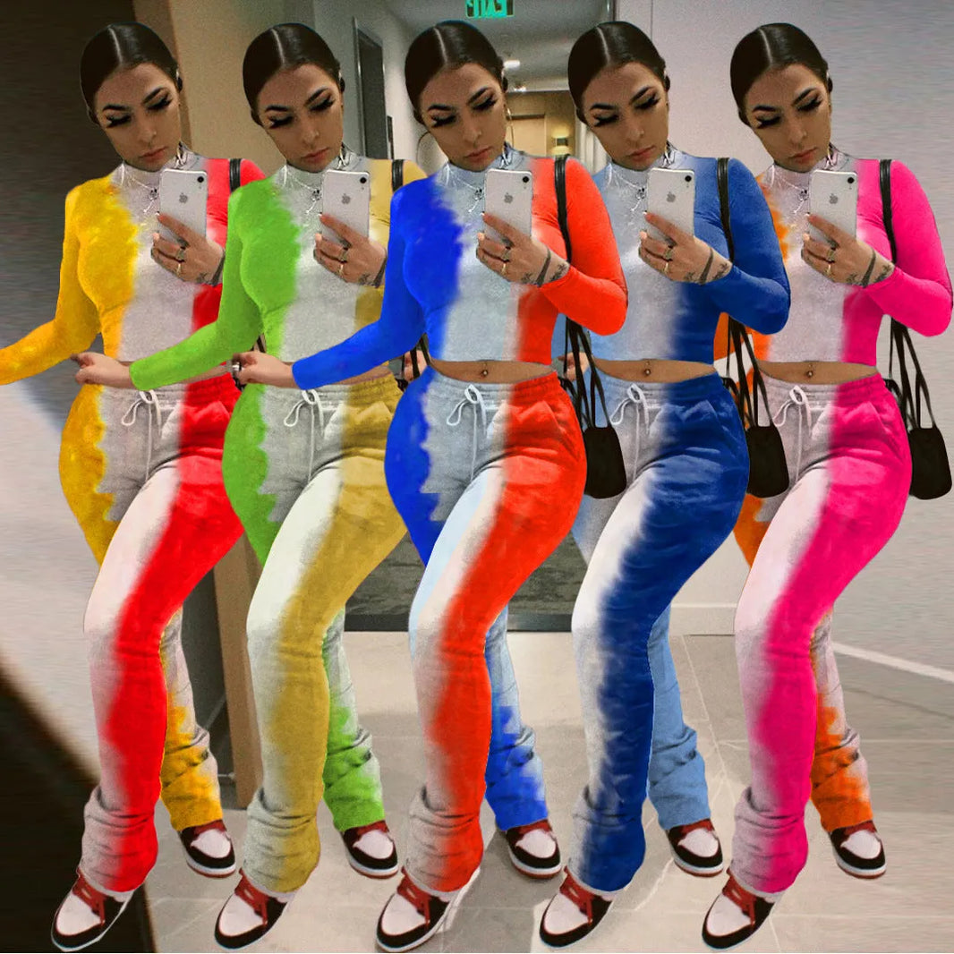Tie-Dye 2pcs Women Long sleeve Drawstring Sweatsuit Outfit set