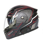 Black and red motorcycle helmet with visor on a white background