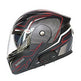 Black and red motorcycle helmet with visor on a white background