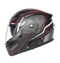 Black and red motorcycle helmet with visor on a white background