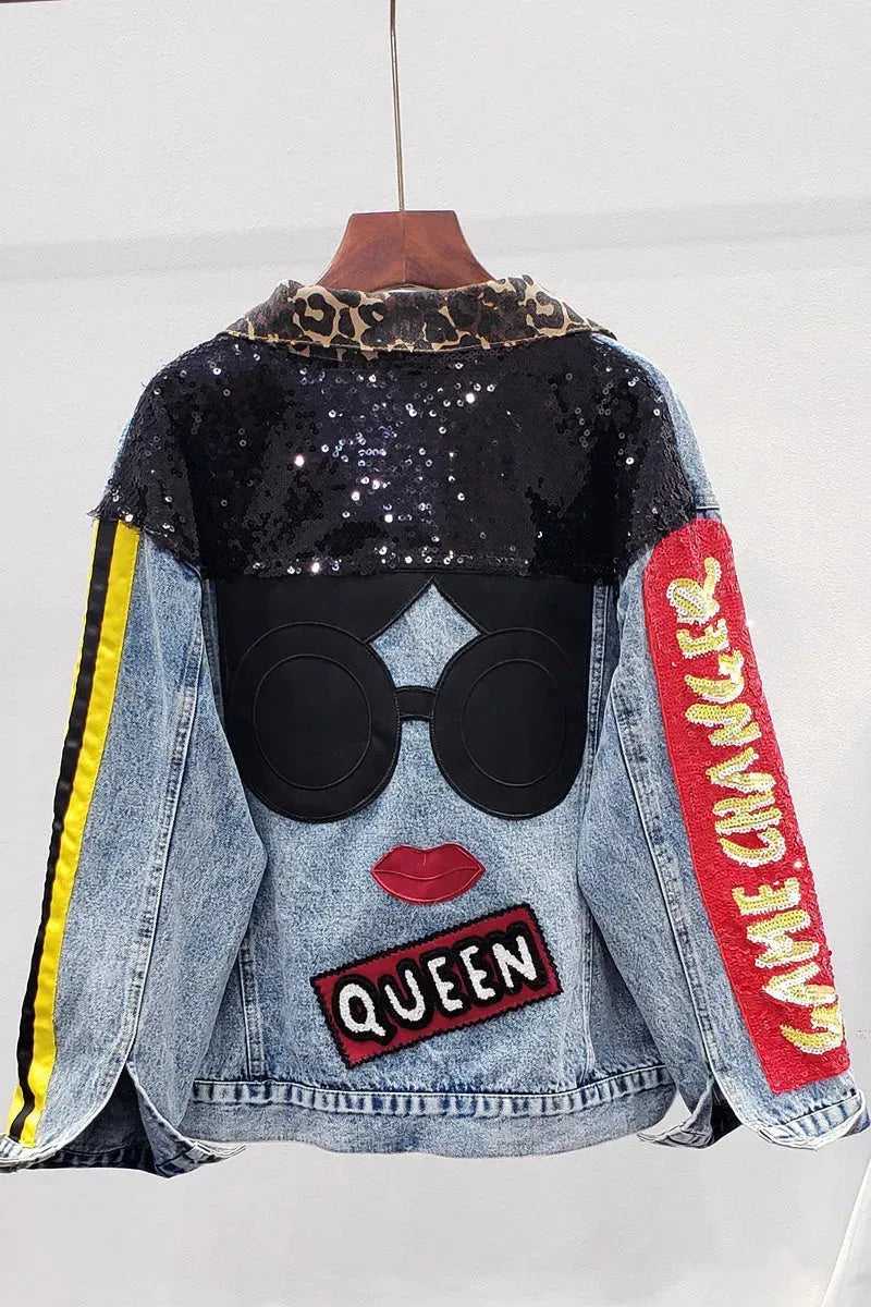 Single Breasted Embroidered Leopard Collar Denim Jacket Women - EX-STOCK CANADA