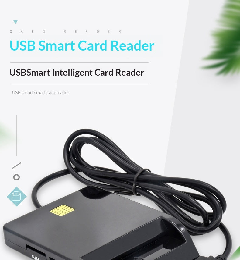 A USB smart card reader device in black plastic with a coiled black cable, shown on a clean white background with promotional text overlays.